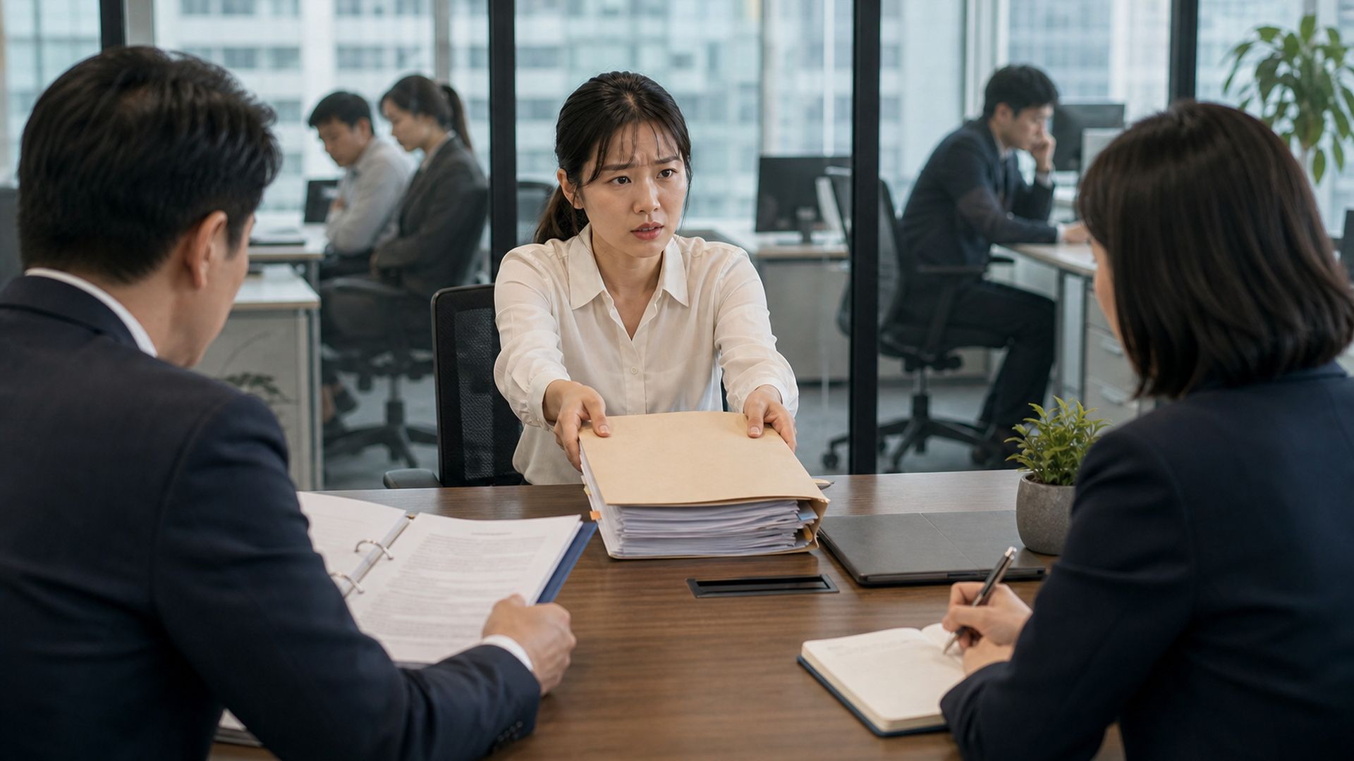 Business meeting in a glass-walled office, with a woman across the table presenting papers to two seated colleagues.