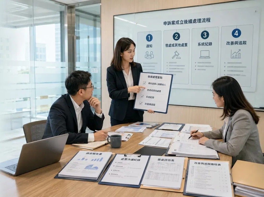 職場霸凌申訴成立、職場霸凌懲戒、職場霸凌處理措施、《職場霸凌防治措施準則》第19條、申訴成立書面通知、不利處分、職場霸凌結案追蹤、企業制度改善