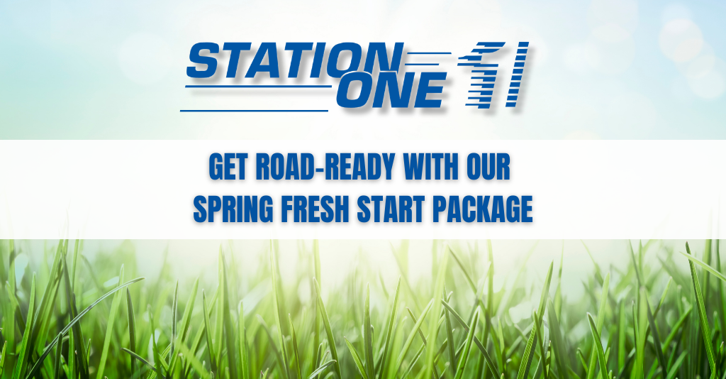 Station One advertisement against a grassy background promoting their Spring Fresh Start car package.