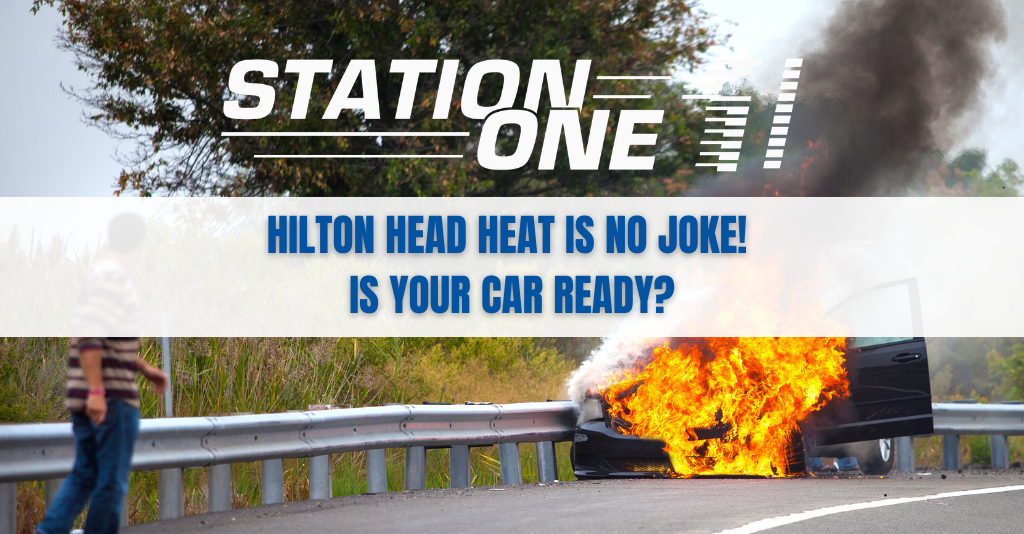 A car is engulfed in flames on the side of a road, with a person standing nearby. Text reads 