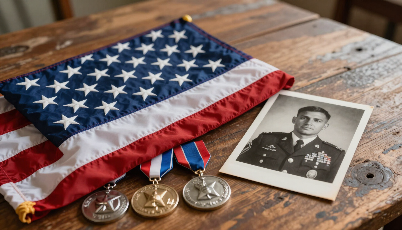 Folded American flag with medals and photo
