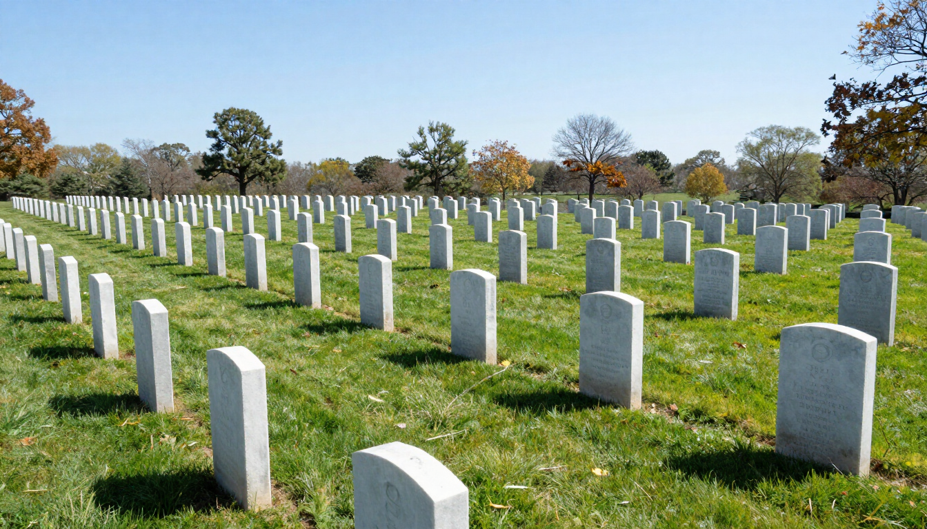 Veterans cemetery with rows of white headstones