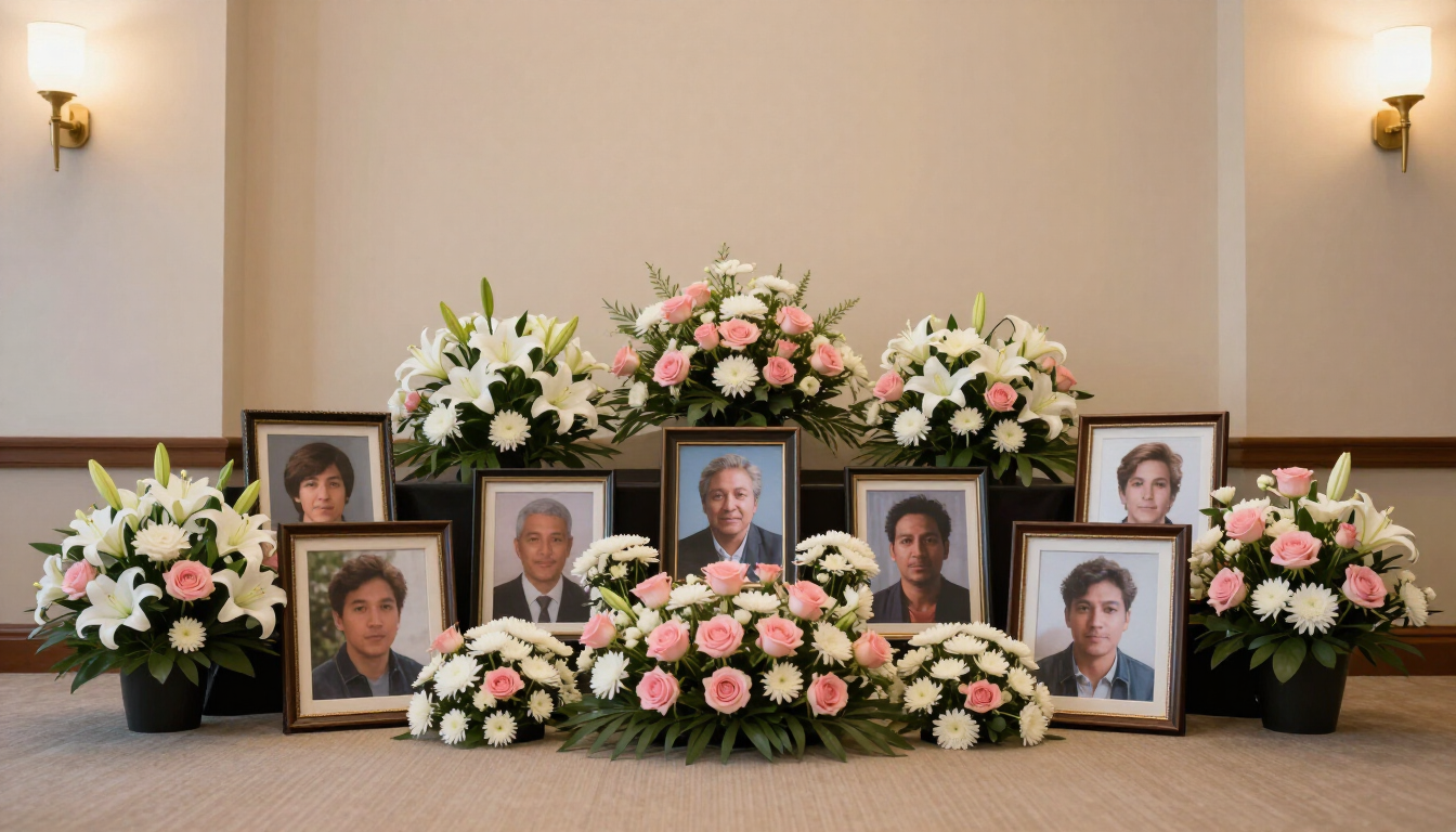 A peaceful memorial display with photos and flowers at a funeral service.