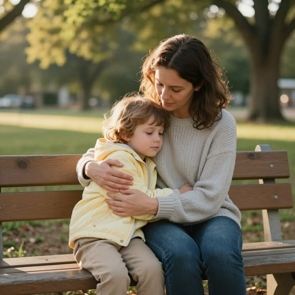 A supportive adult comforting a child during a difficult time.