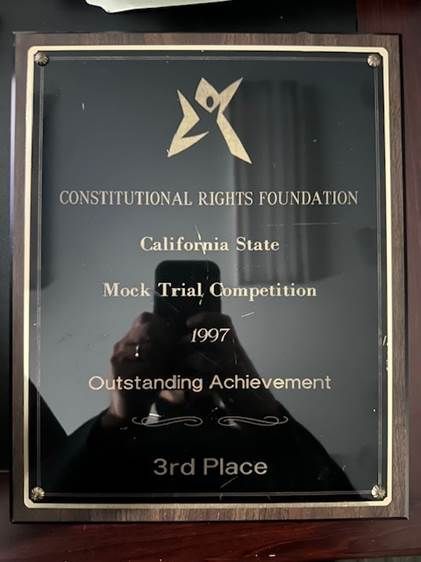 Plaque for 3rd place in 1997 California Mock Trial Competition. Constitutional Rights Foundation logo on dark background.
