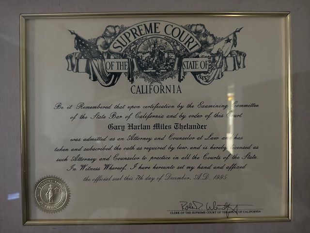 Framed certificate from the Supreme Court of California, certifying Gary Harlan Miles Alexander as an Attorney.