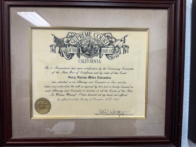 Framed California Supreme Court document, gold seal, dark frame,