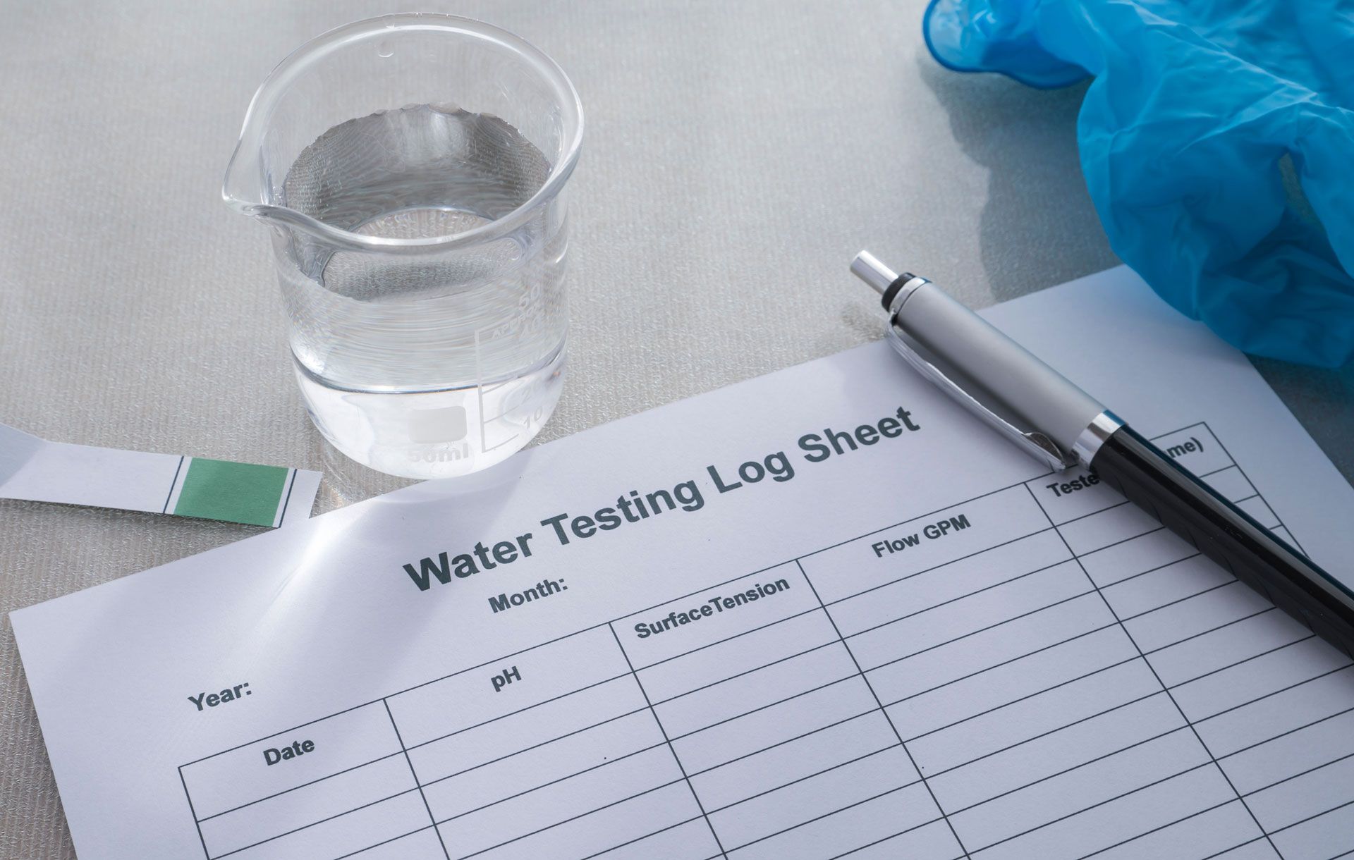 A pen is sitting on top of a water testing log sheet