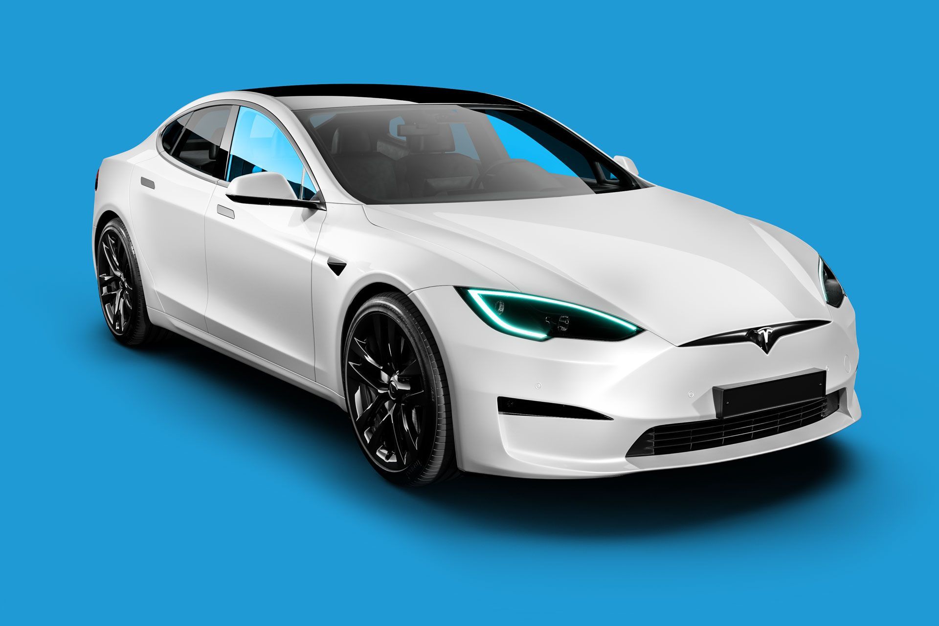 A white tesla model s is on a blue background.