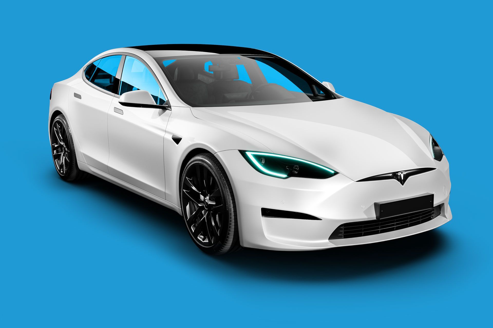 A white tesla model s on a blue background.