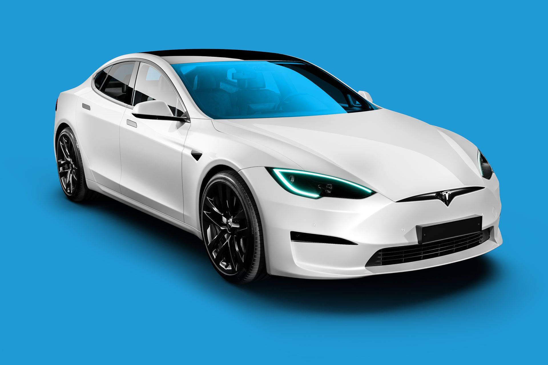 A white tesla model s on a blue background.