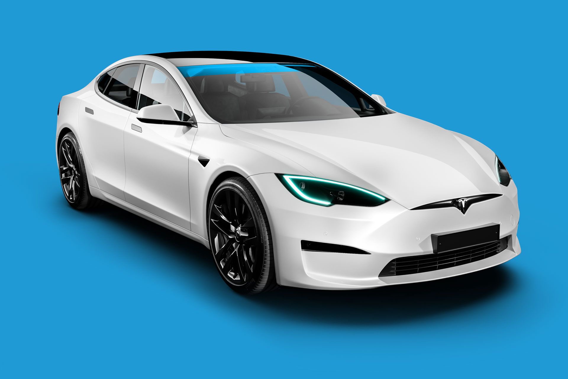 A white tesla model s is on a blue background.