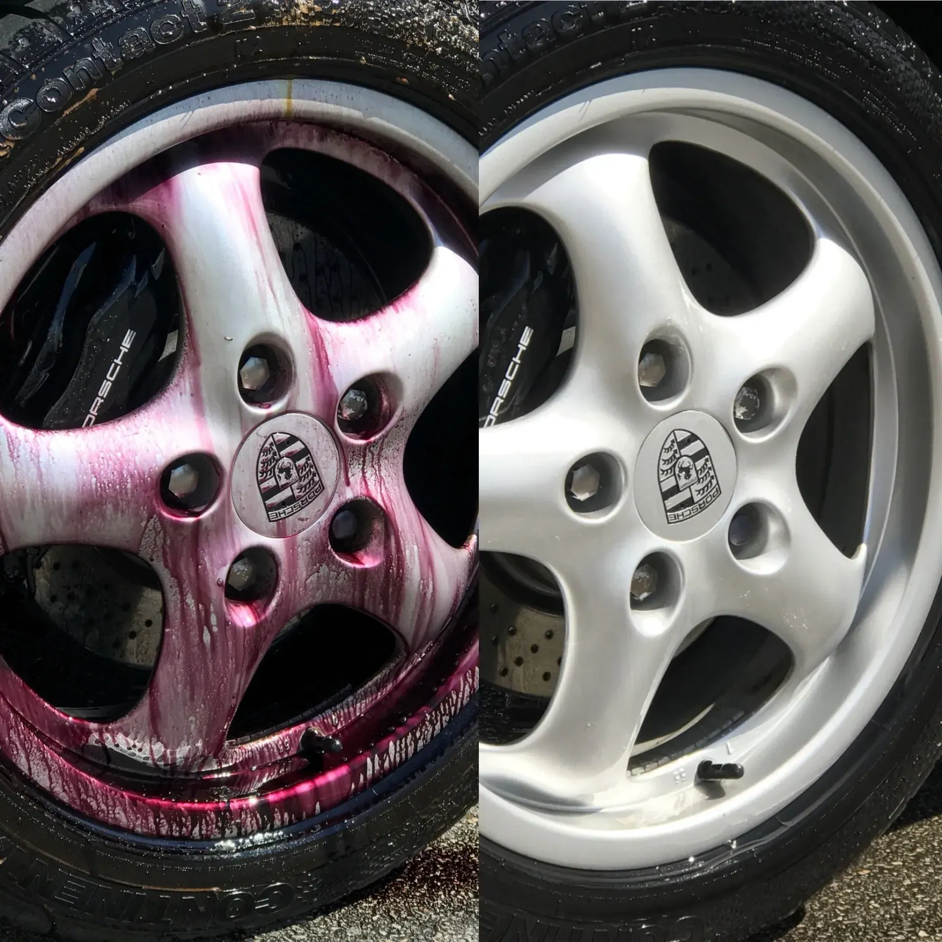 A before and after photo of a porsche wheel