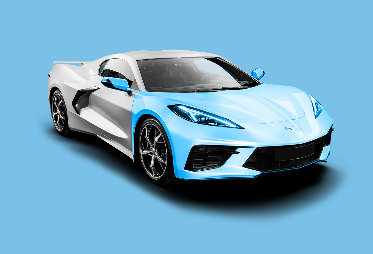 A white and blue sports car on a blue background.