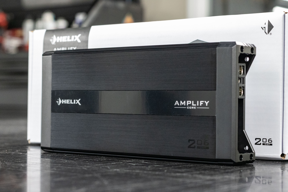 Black Helix Amplify car audio amplifier on a product box