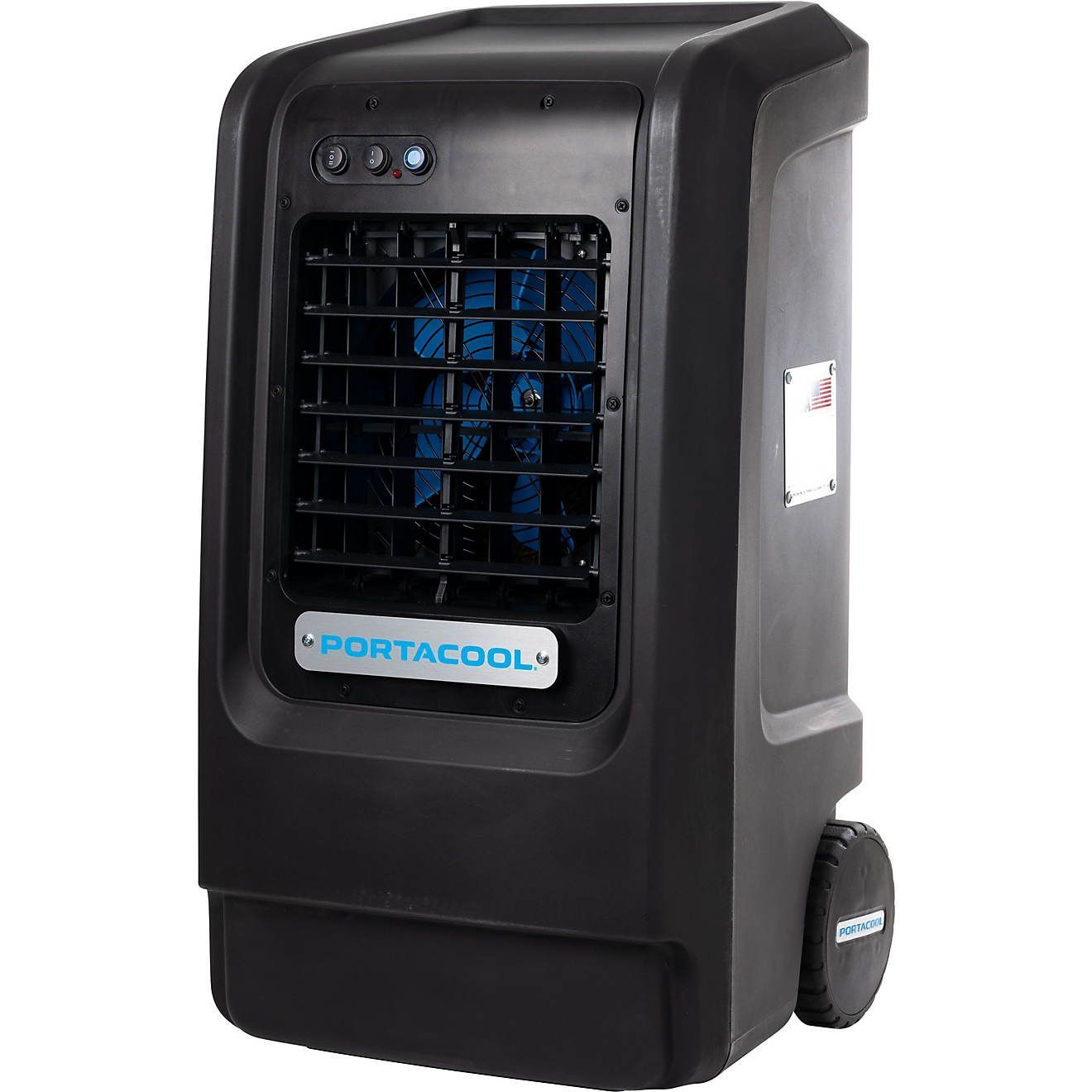 A black portacool air cooler with wheels on a white background.