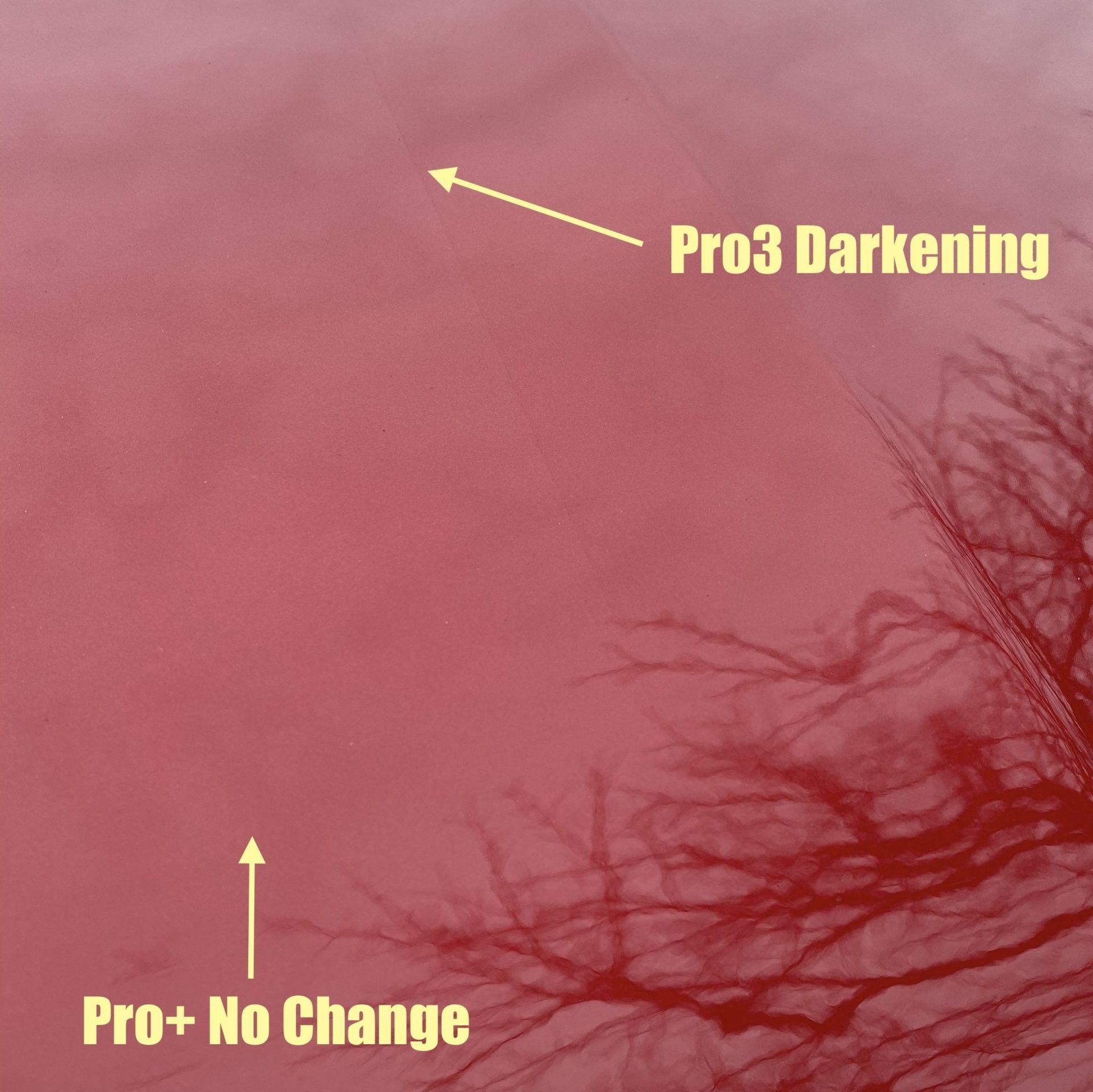 A red background with pro3 darkening and pro + no change