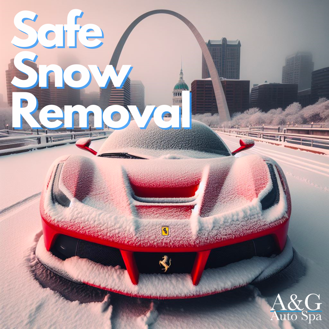 A red sports car is covered in snow and says safe snow removal