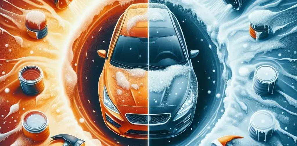 A car is sitting in a circle surrounded by fire and snow.