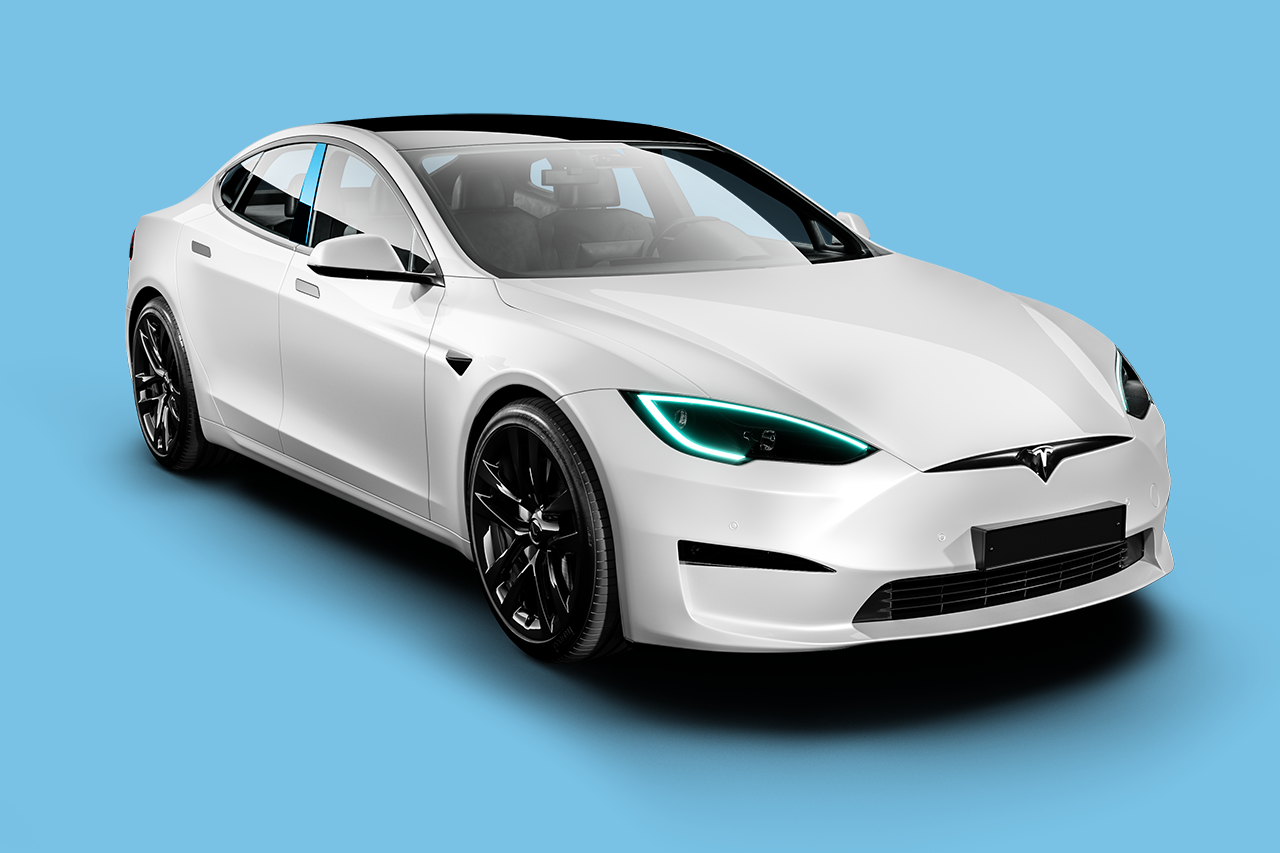 A white tesla model s with green lights on a blue background.