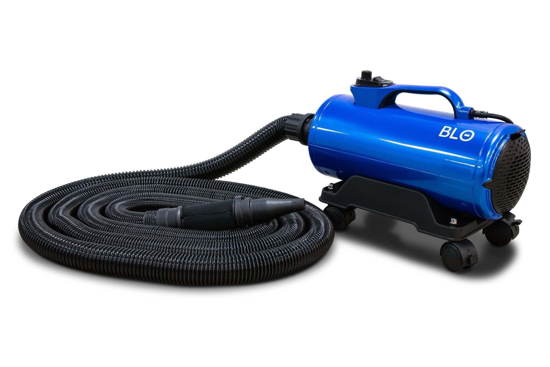 A blue vacuum cleaner with a black hose attached to it.