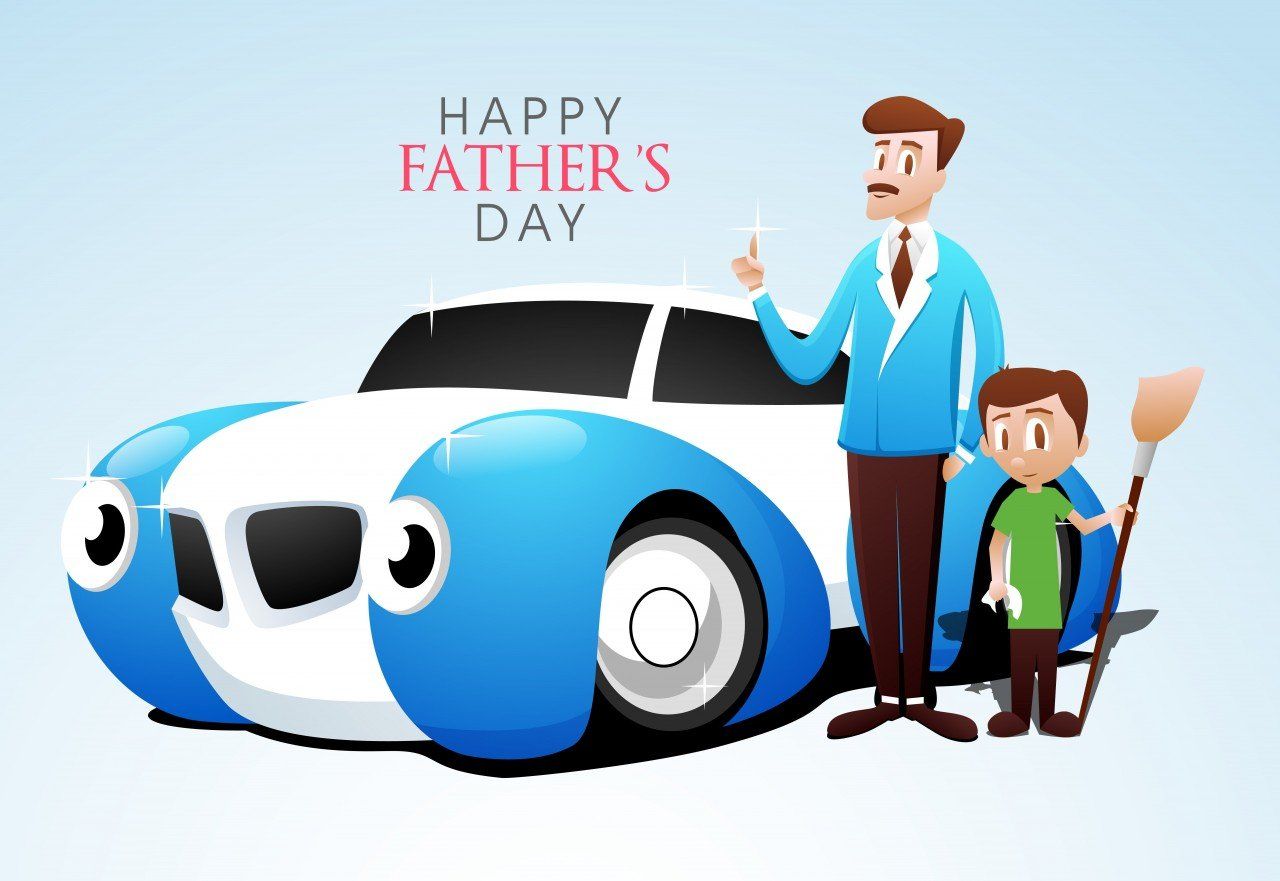 A happy father 's day greeting card with a man and a boy standing next to a car