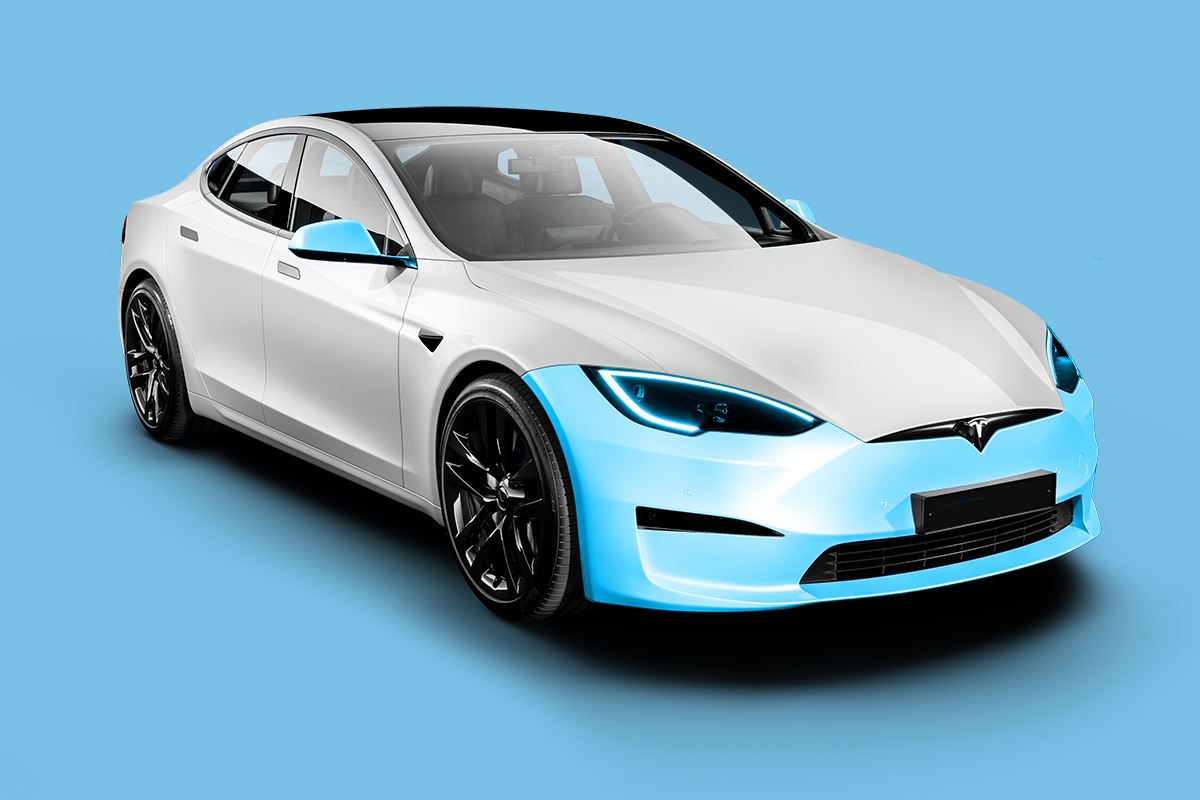 Sports car with a two-tone blue and white vinyl wrap
