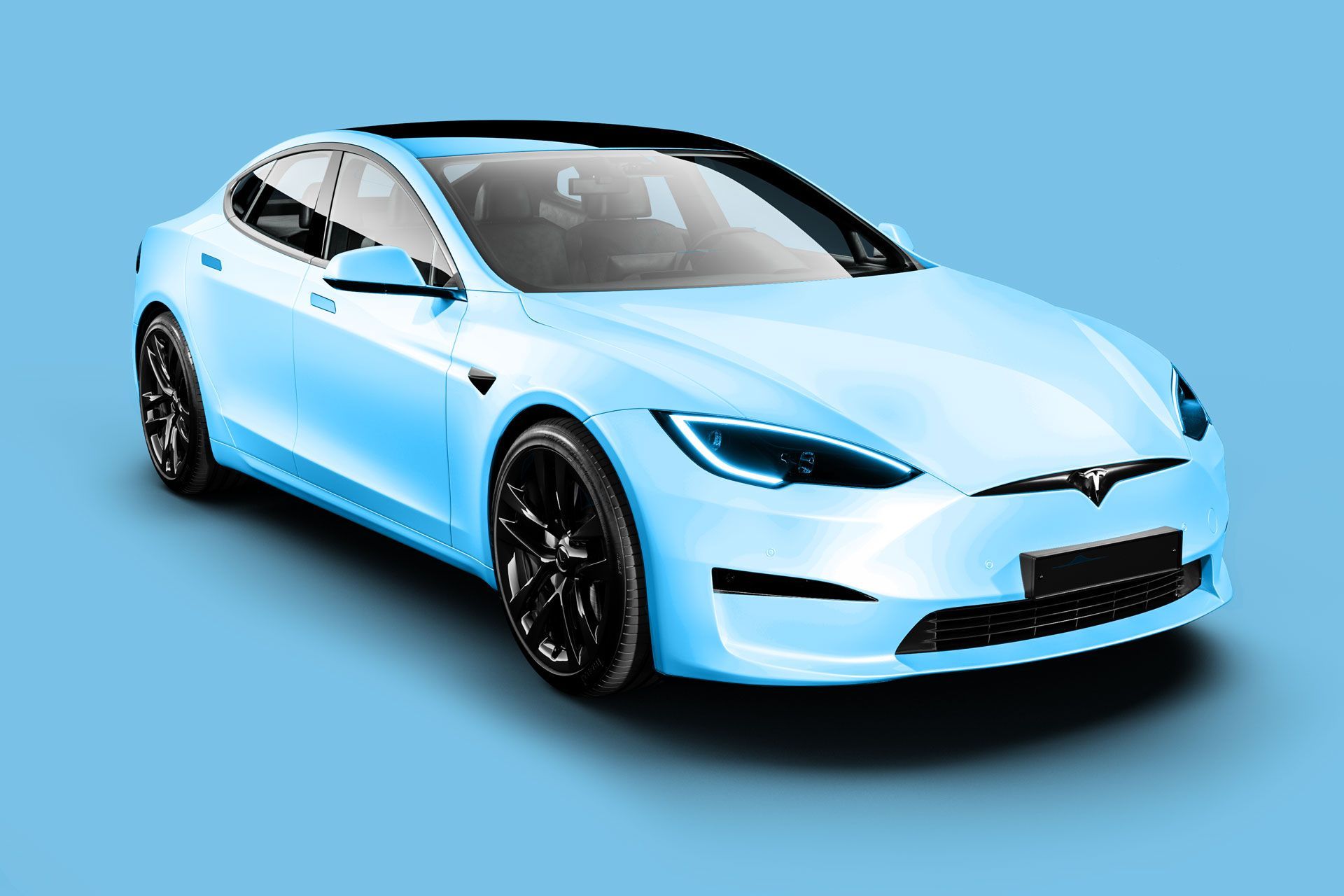 A blue tesla model s on a blue background.