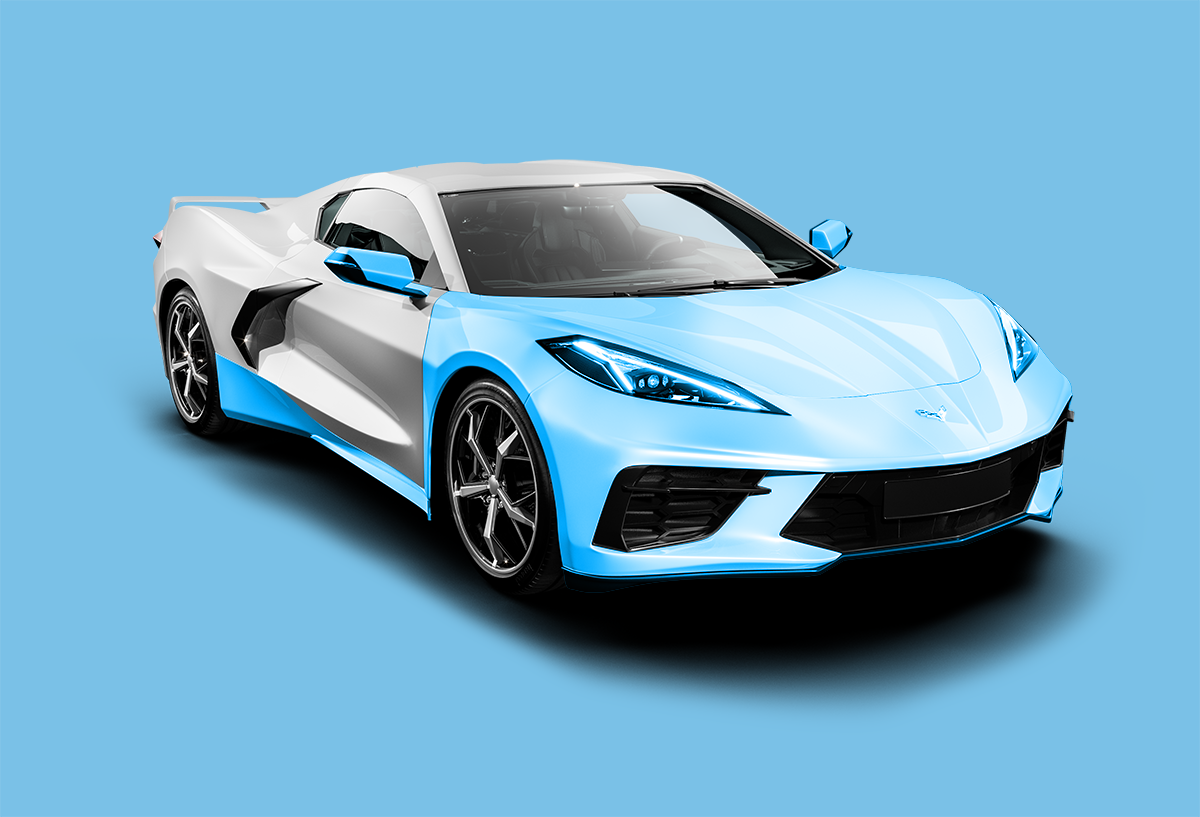 A blue and white sports car on a blue background.