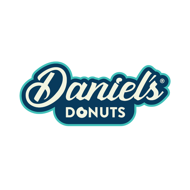 Daniel’s Donuts logo in navy, white, and teal on a white background