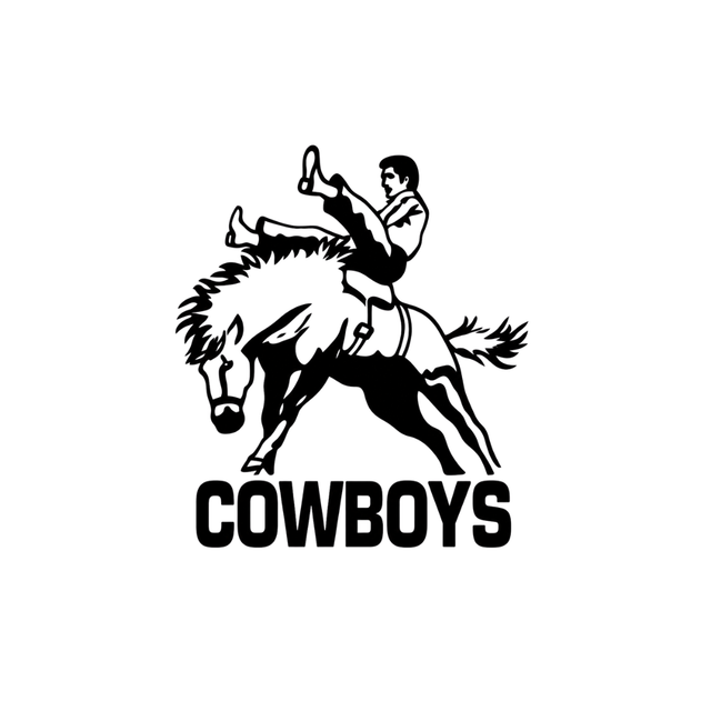 Black-and-white cowboy riding a bucking horse above the word “COWBOYS”