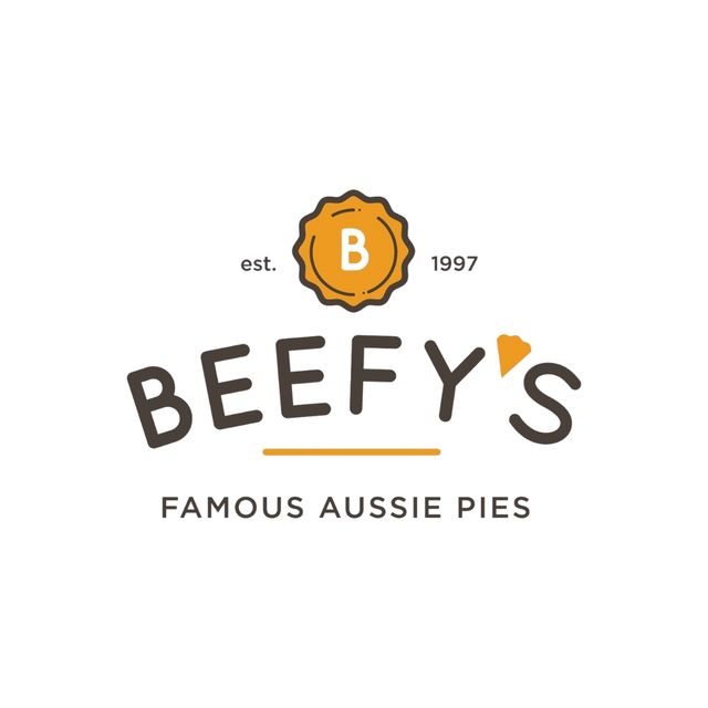 Beefy’s logo with orange pie icon, “Famous Aussie Pies,” and “est. 1997” on a white background