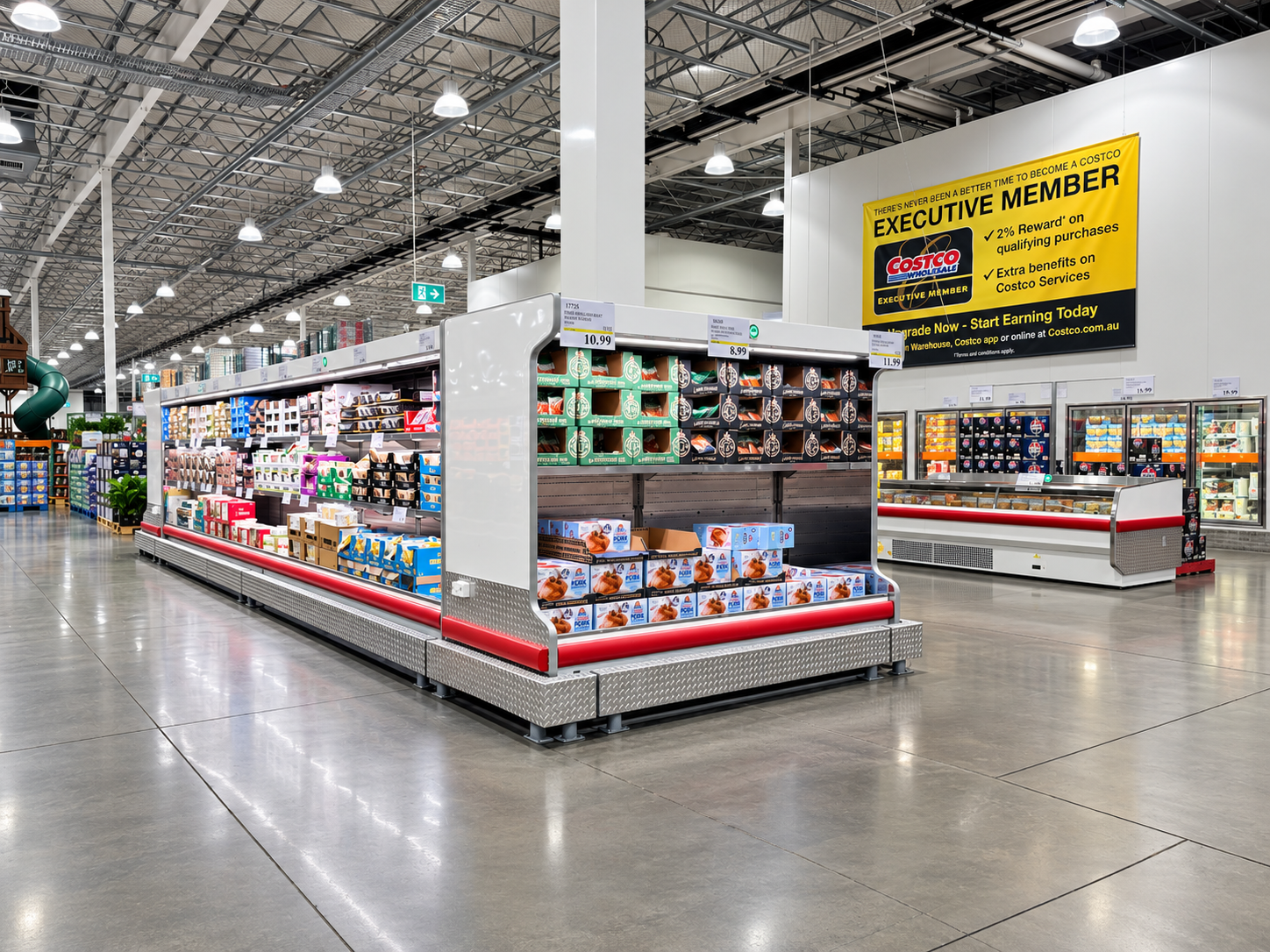 Wide warehouse store aisle with stacked products, display shelves, and an executive member sign under bright lights