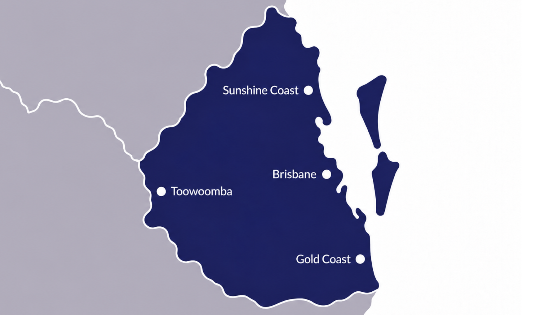 Map of Queensland, Australia in dark blue with labels for Toowoomba, Brisbane, Gold Coast, and Sunshine Coast