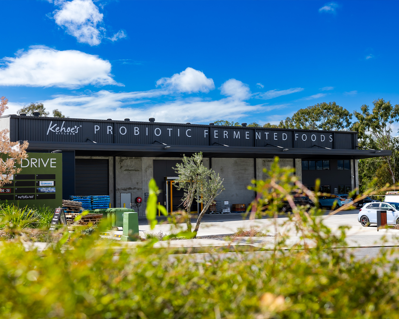Modern black building with “PROBIOTIC FERMENTED FOODS” sign, blue sky, greenery, and parked cars outside