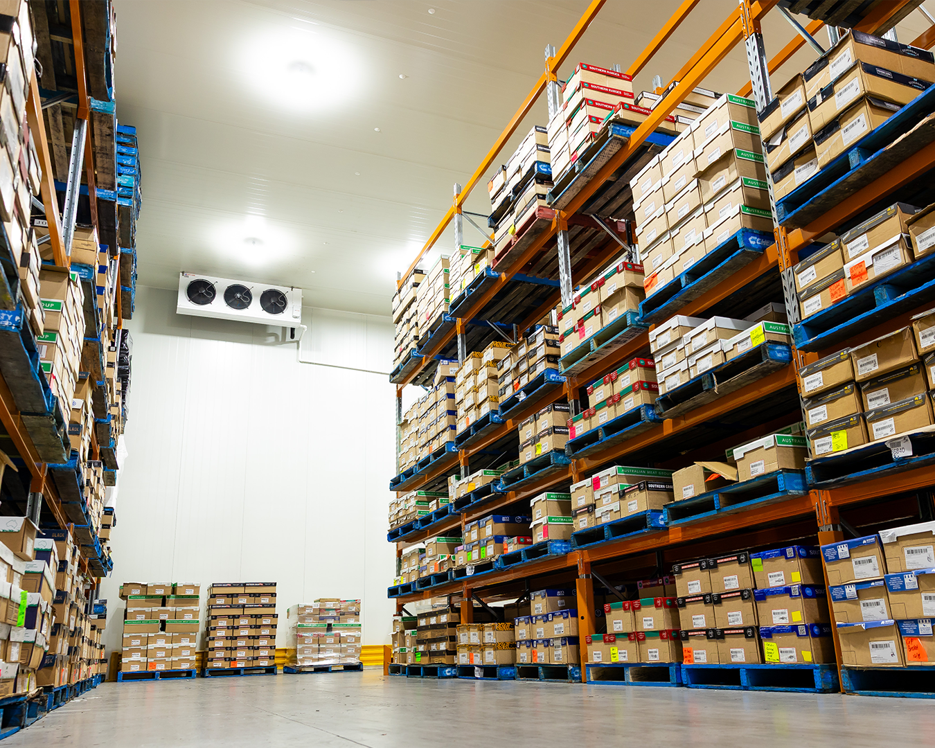 Warehouse aisle with tall stacked shelves of boxed goods and a bright white back wall