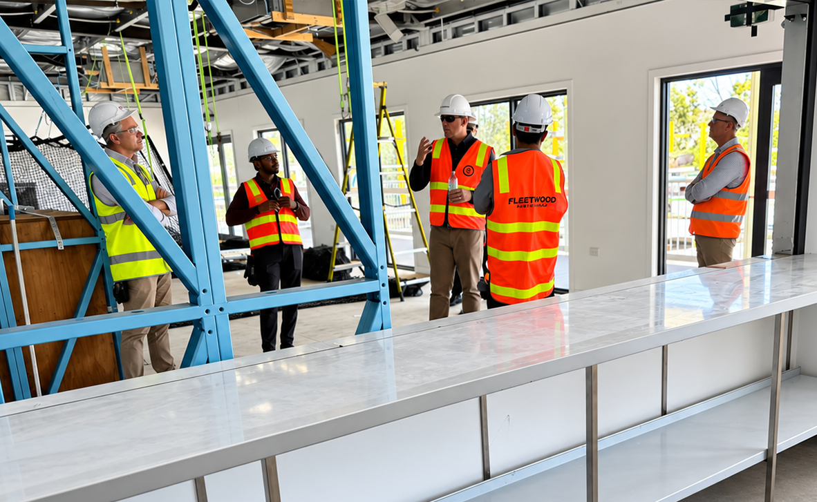 Workers in orange safety vests and hard hats inspect a building interior under construction.