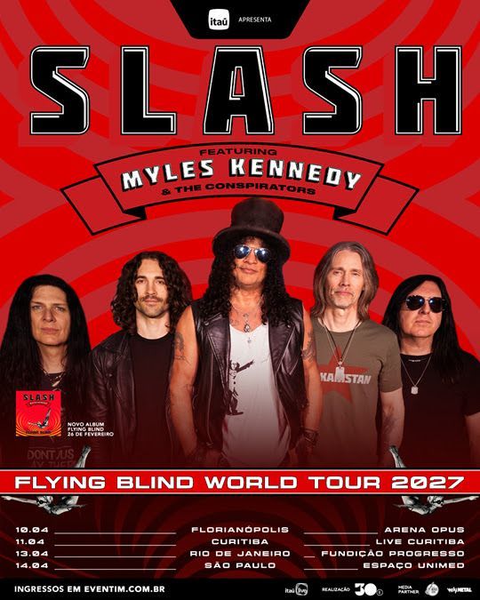 Slash e Myles Kennedy retornam ao Brasil em 2027 com nova turnê e álbum Flying Blind