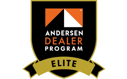 Andersen Dealer Program Elite badge with black, orange, white, and gold shield design