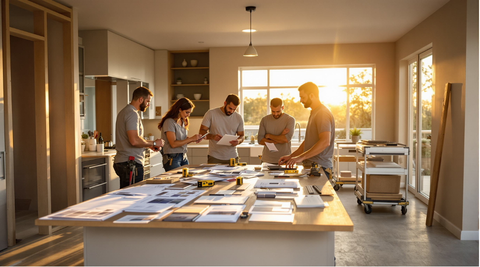 Team reviewing large tabletop layouts in a sunlit design studio