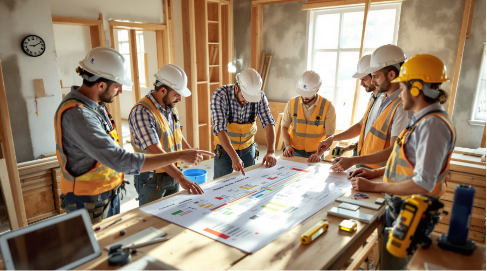 Construction crew reviewing blueprints at a sunlit worksite table, wearing hard hats and safety vests.