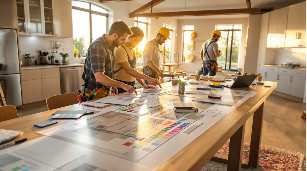 Coworkers brainstorming around a large table in a bright sunlit office, with papers, laptops, and plans spread out.
