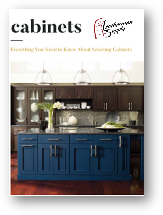 Kitchen cabinets brochure cover with navy blue island, dark wood cabinets, and white pendant lights