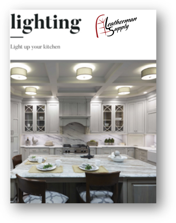 Bright white luxury kitchen with island, cabinets, and ceiling lights under the “lighting” logo
