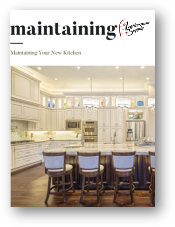 Magazine cover of a bright white kitchen with island, titled “maintaining Newsletter” and “Maintaining Your New Kitchen”