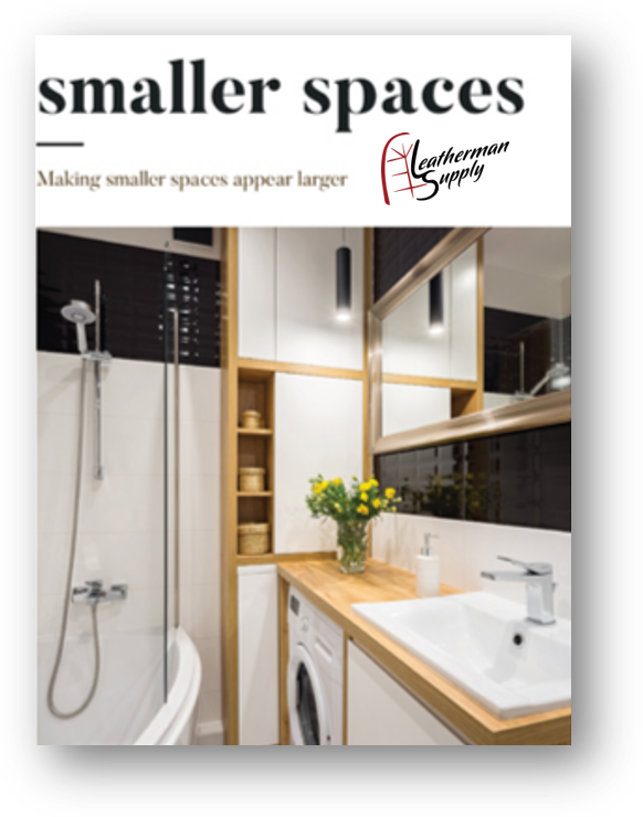 Small bathroom with shower, white sink, wood vanity, and mirror in a magazine layout with “smaller spaces” title