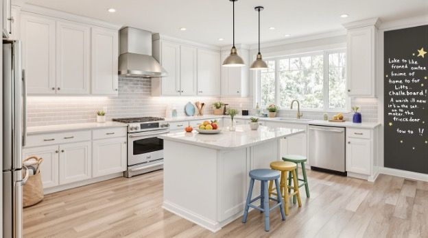 Bright white kitchen with island, pendant lights, wood floors, and a chalkboard wall menu