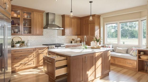 Bright wood kitchen with island, white countertops, stainless range, and large sunlit windows