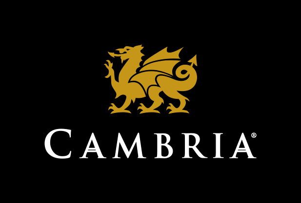 Cambria logo with gold winged lion icon on black background