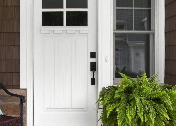 White front door with window panes, black hardware, and a fern on the porch